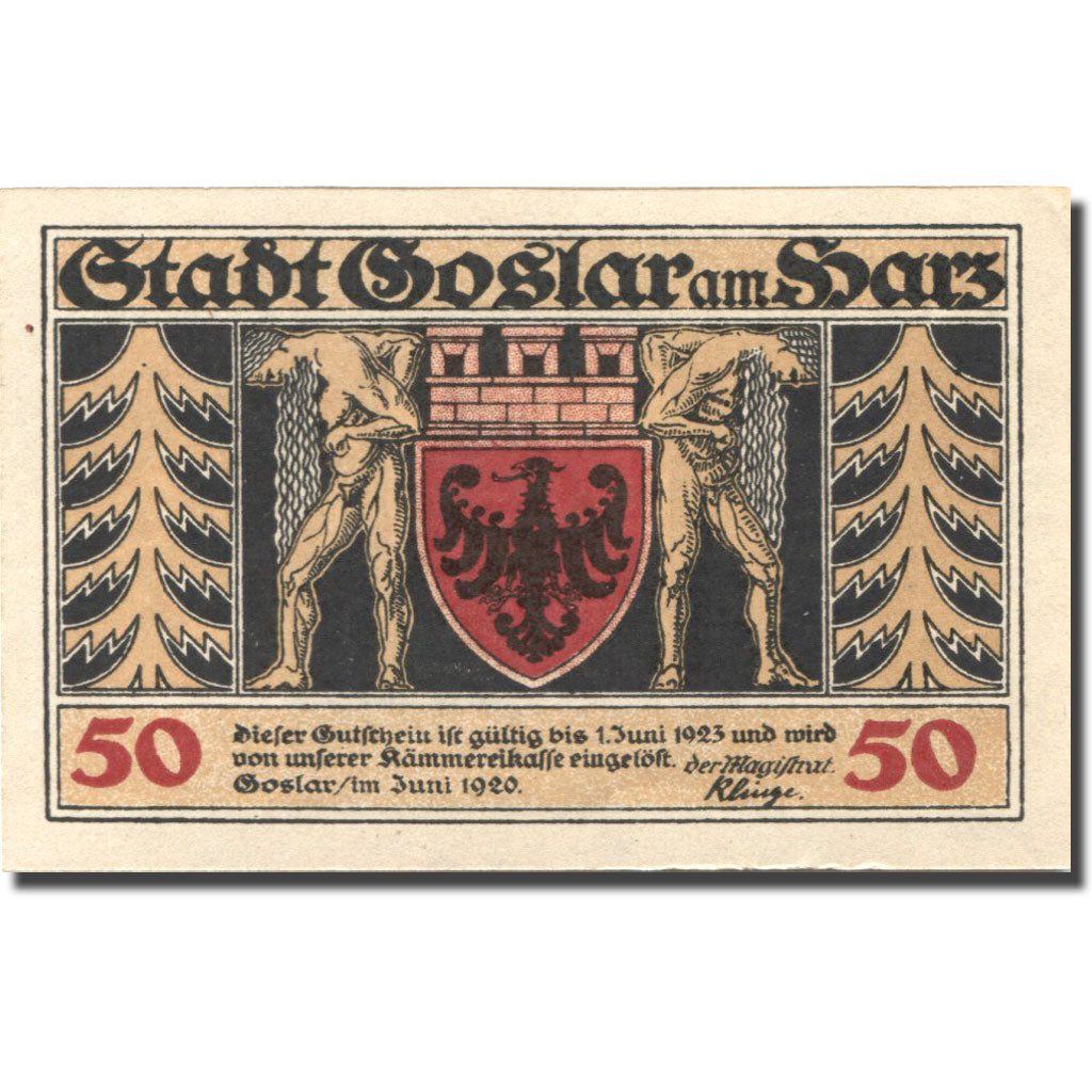 Banknote, Germany, Goslar, 50 Pfennig, Blason, 1920 UNC(63) Mehl: 455.1