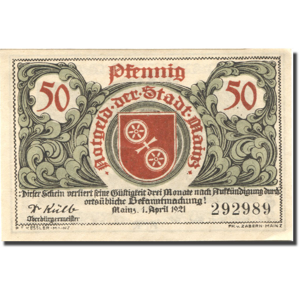 Banknote, Germany, Mainz, 50 Pfennig, aigle 1, 1921 UNC(63) Mehl: 860.2a
