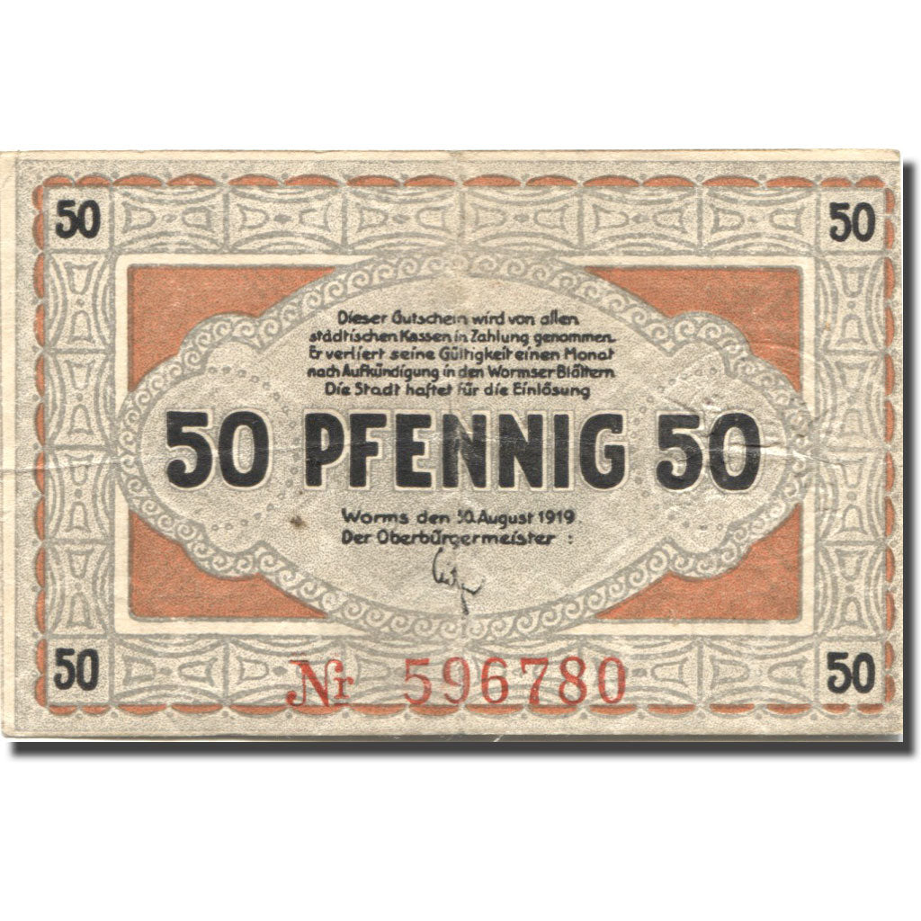 Banknote, Germany, Worms, 50 Pfennig, Eglise, 1919 EF(40-45) Mehl:W 62.2a