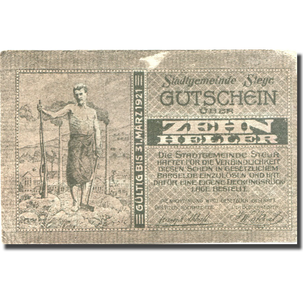 Banknote, Austria, Steyr, 10 Heller, soldat, 1921 EF(40-45) Mehl:FS 1034IIa