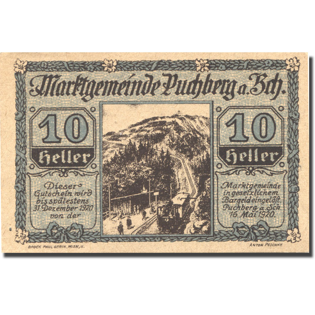 Banknote, Austria, Puchberg, 10 Heller, train, 1920 UNC(63) Mehl:FS 786a