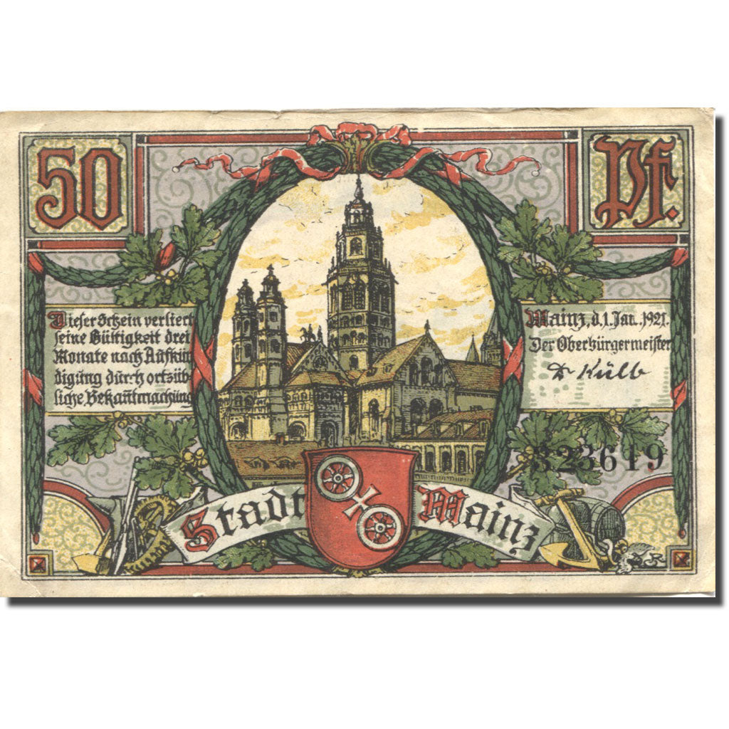 Billet, Allemagne, Mainz, 50 Pfennig, Eglise, 1921, 1921-01-01, SUP, Mehl:860.1a