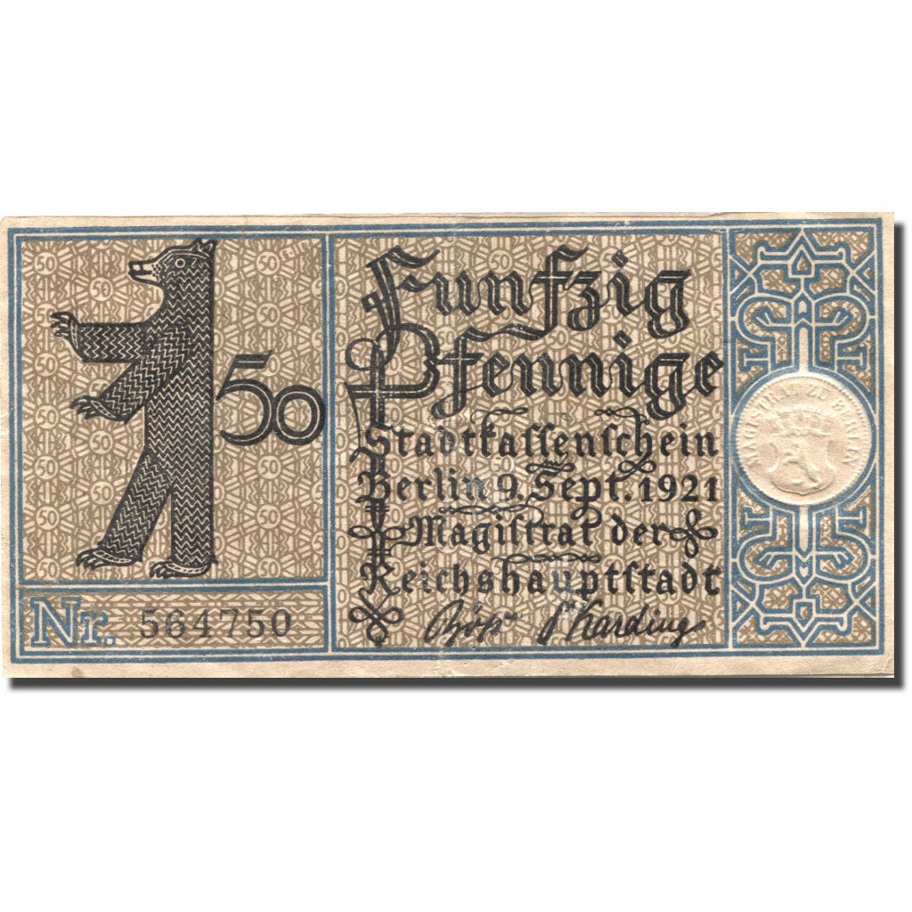 Banknote, Germany, Berlin, 50 Pfennig, jardin, 1921 EF(40-45) Mehl:92.1