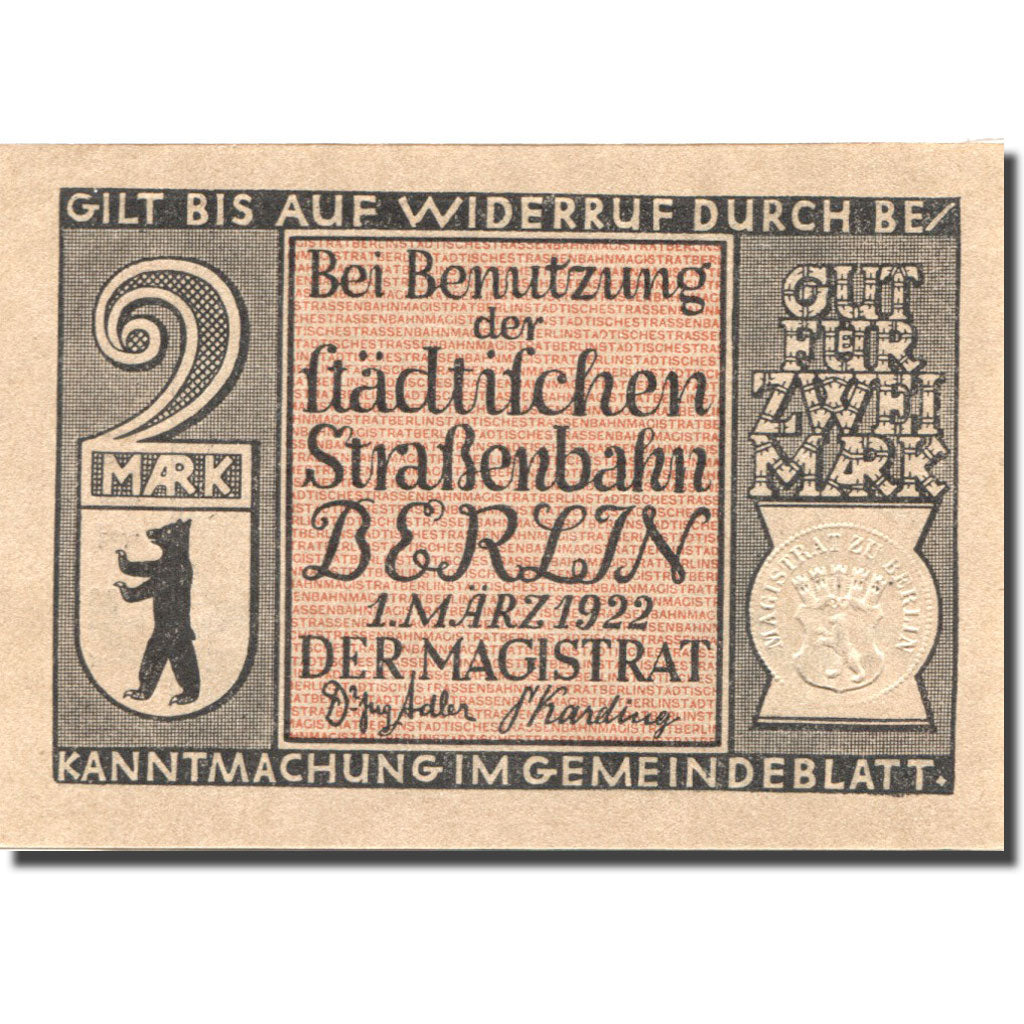 Banknote, Germany, Berlin, 2 Mark, Bus, 1922, 1922-03-01, UNC(63), Mehl:92.3