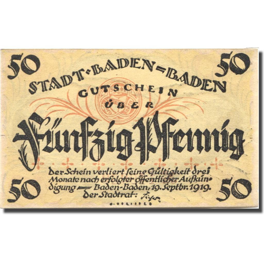 Geldschein, Deutschland, Baden-Baden, 50 Pfennig, village, 1919 UNZ- Mehl:3.1a