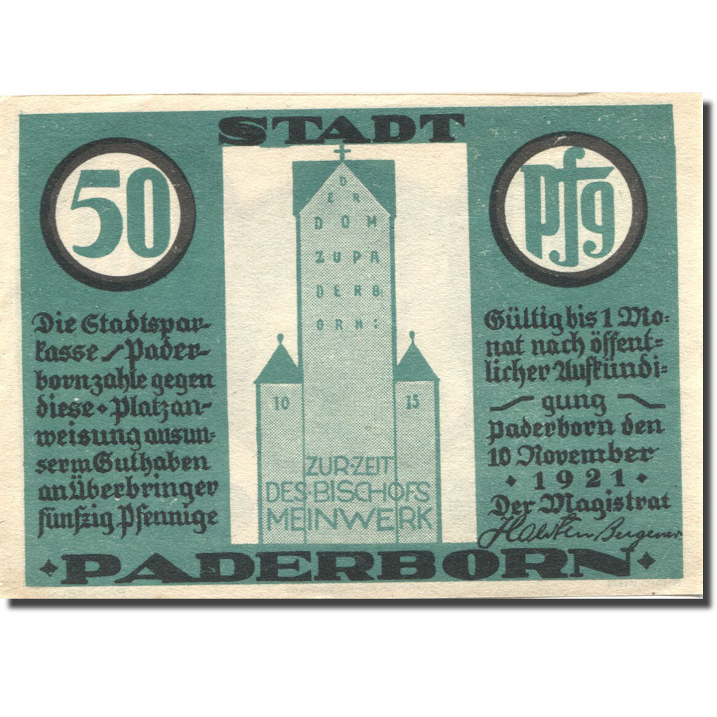 Geldschein, Deutschland, Paderborn 50 Pfennig, personnage, 1921 UNZ- Mehl:1043.1