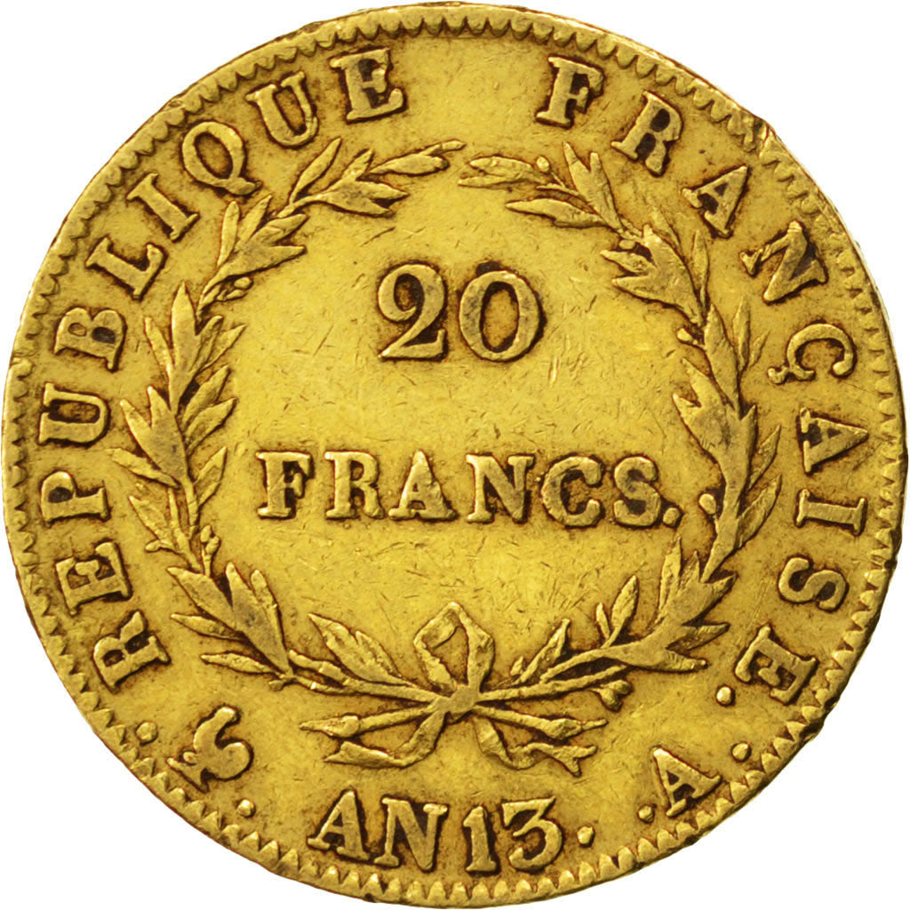 FRANCE, Napoléon I, 20 Francs, 1805, Paris, KM #663.1, VF(30-35), Gold, Gadoury 