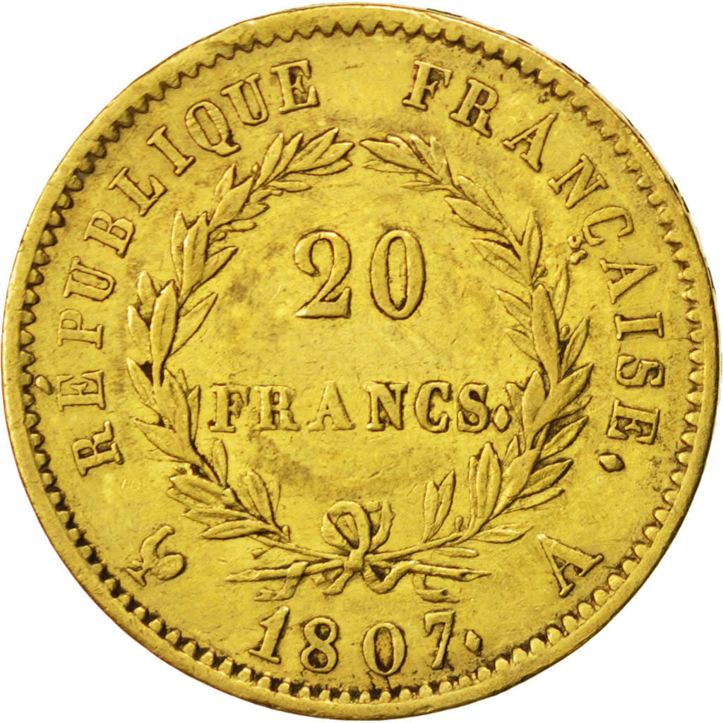 FRANCE, Napoléon I, 20 Francs, 1807, Paris, KM #A687.1, EF(40-45), Gold, Gadoury