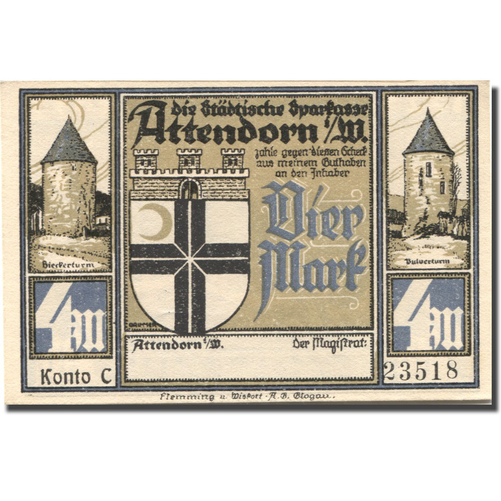 Banknote, Germany, Attendorn, 4 Mark, château, UNC(63), Mehl:51.1c