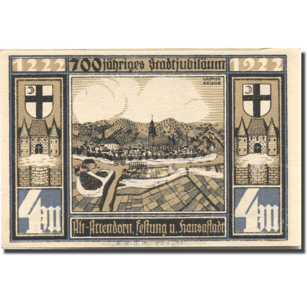 Banknote, Germany, Attendorn, 4 Mark, château, UNC(63), Mehl:51.1c
