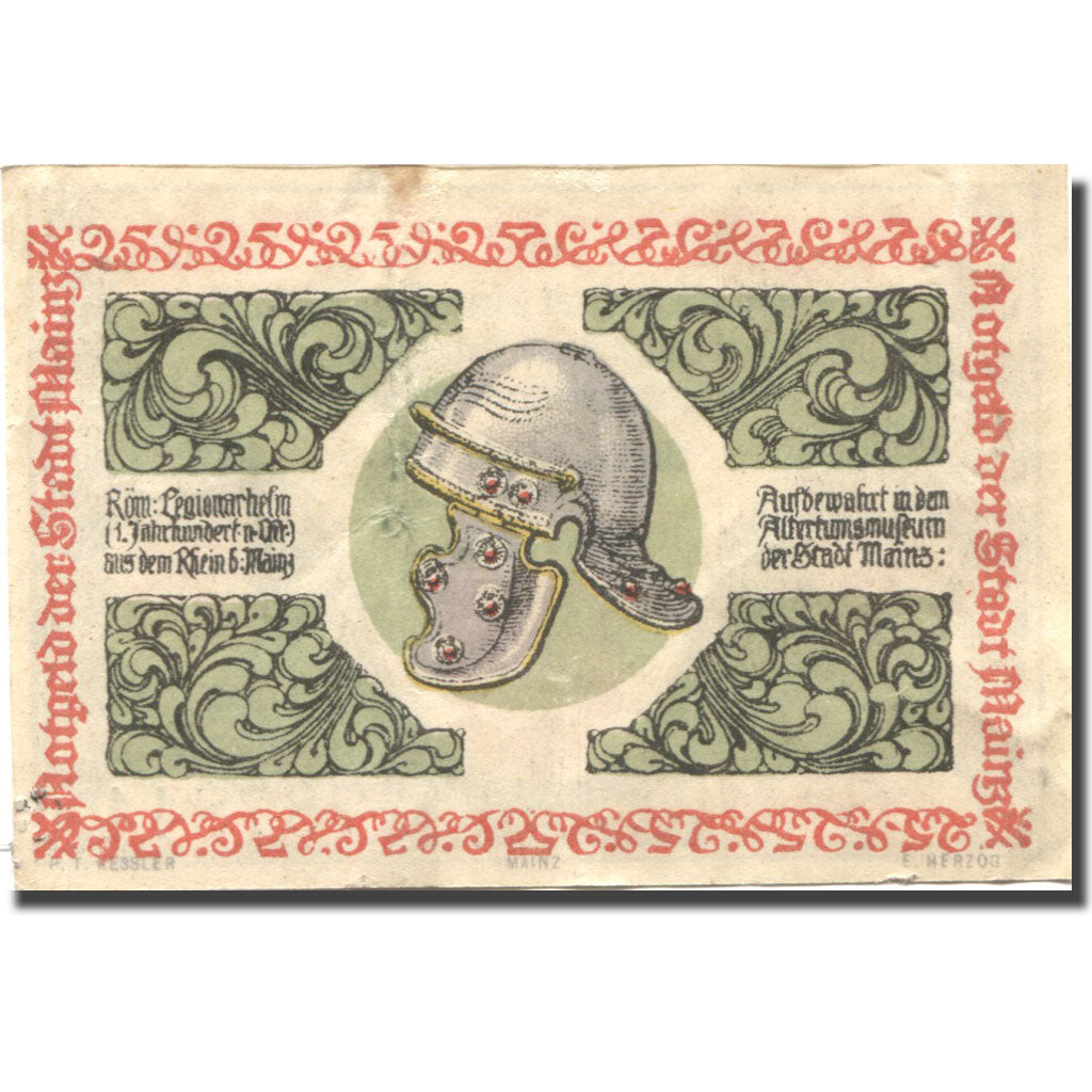 Banknote, Germany, Mainz, 25 Pfennig, casque, 1921 AU(55-58) Mehl:860.2a