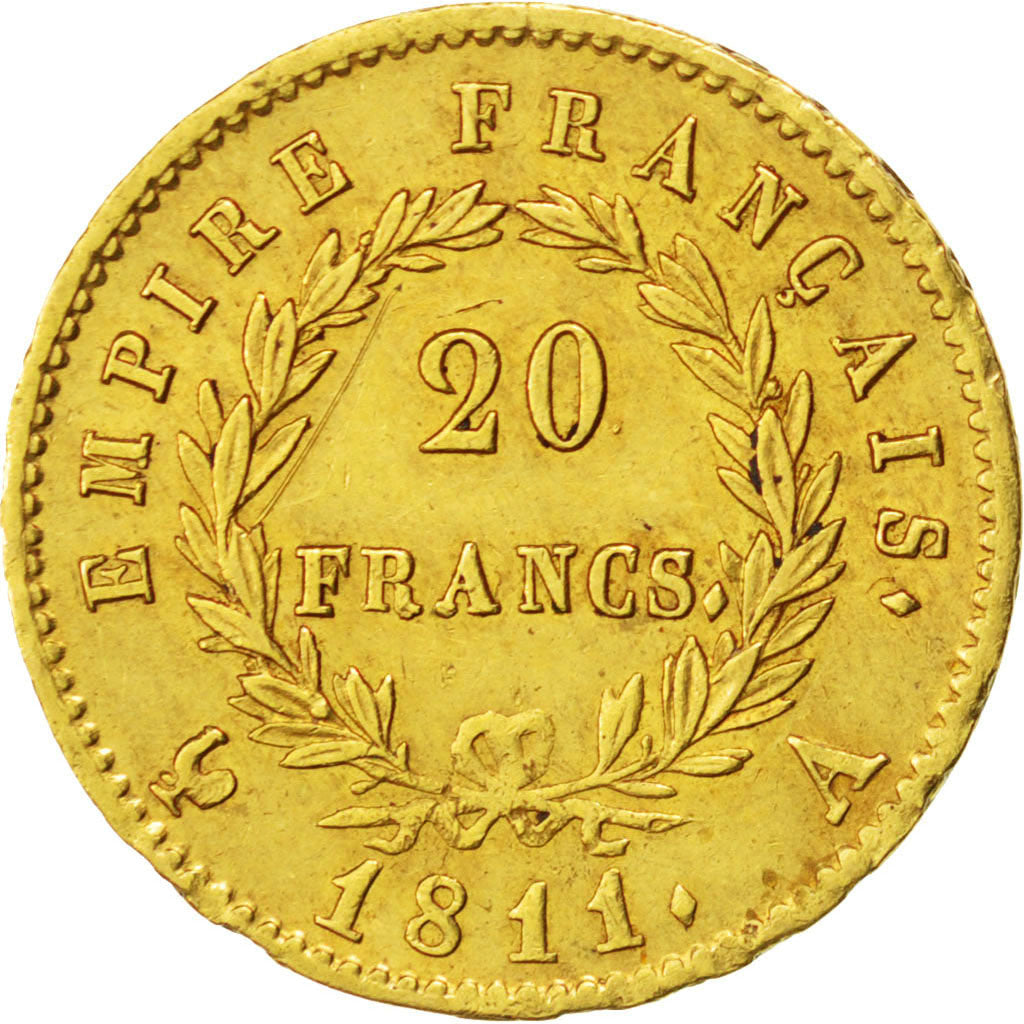 FRANCE, Napoléon I, 20 Francs, 1811, Paris, KM #695.1, EF(40-45), Gold, Gadoury 