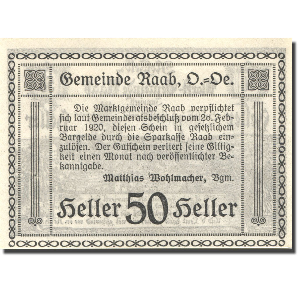 Billet, Autriche, Raab, 50 Heller, village 1920-02-26, SPL, Mehl:FS 805IIa