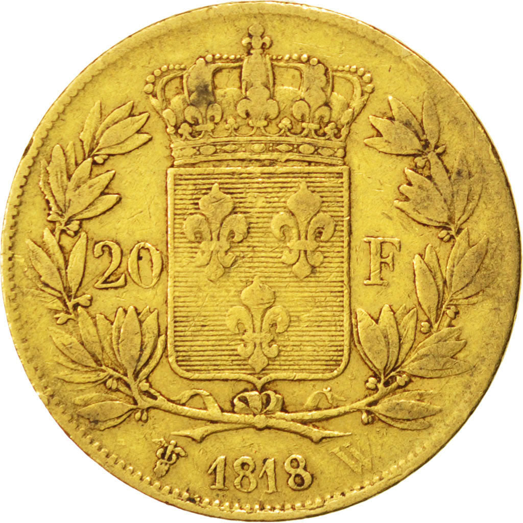 FRANCE, Louis XVIII, 20 Francs, 1818, Lille, KM #712.9, VF(20-25), Gold,...