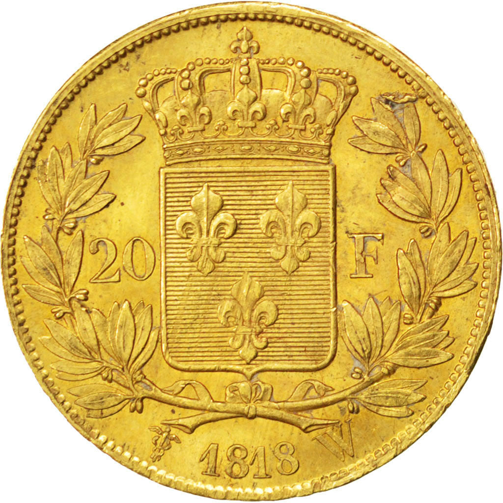 Louis XVIII, second gouvernement royal, 20 Francs or 1818 Lille, KM 712.9