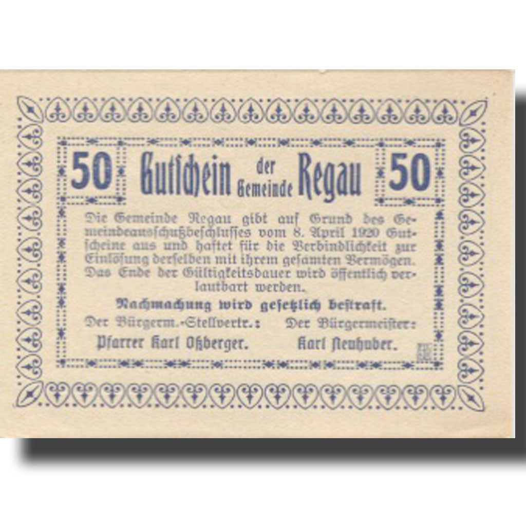 Banknote, Austria, Regau, 50 Heller, cimetière, 1920 UNC(63) Mehl:FS 825