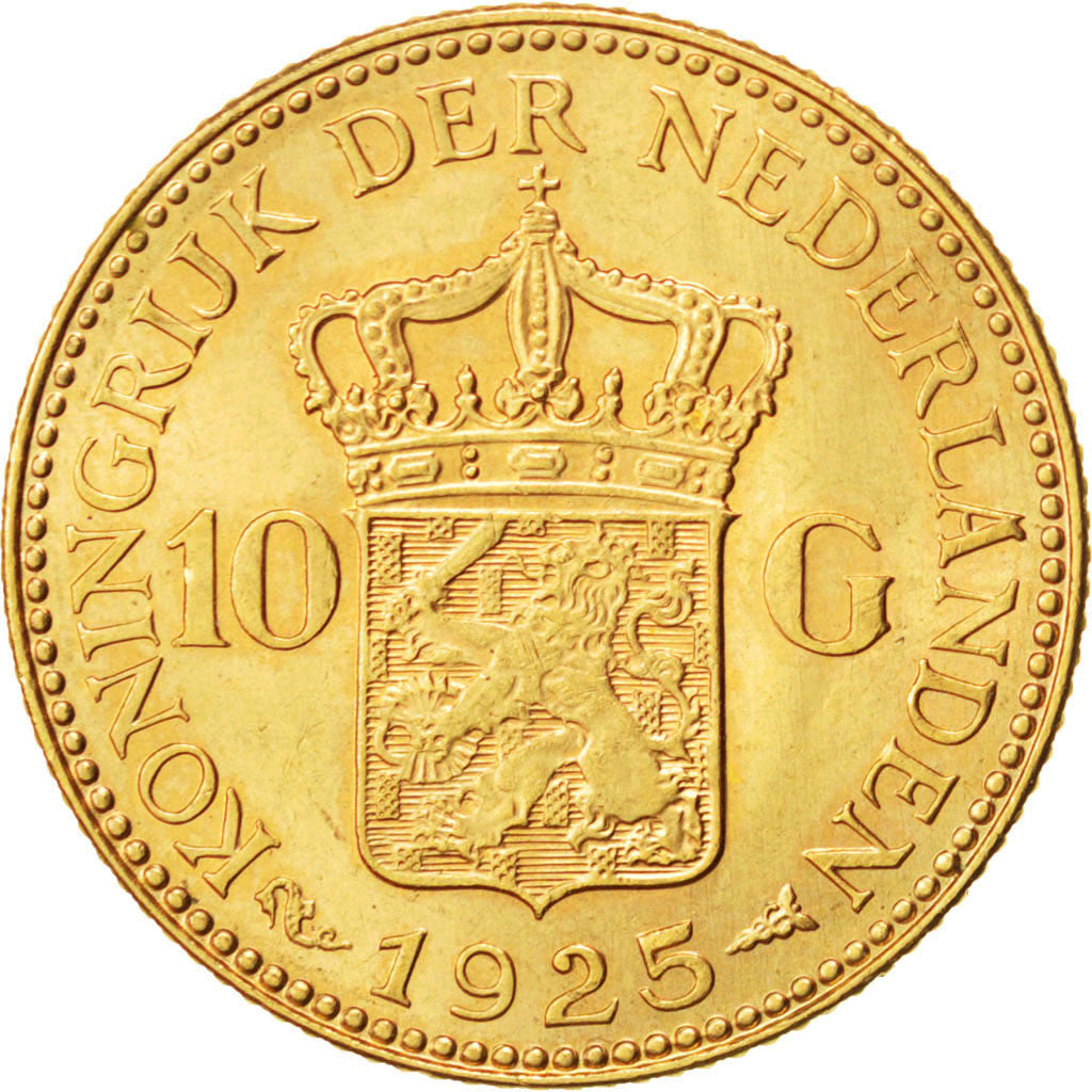 NETHERLANDS, 10 Gulden, 1925, KM #162, AU(55-58), Gold, 22.5, 6.74
