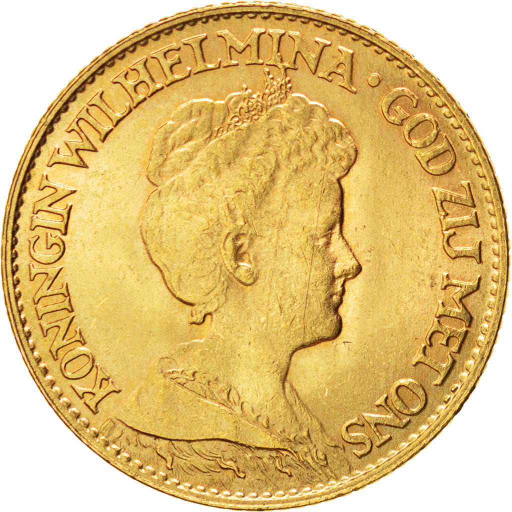 NETHERLANDS, 10 Gulden, 1917, KM #149, AU(55-58), Gold, 22.5, 6.73