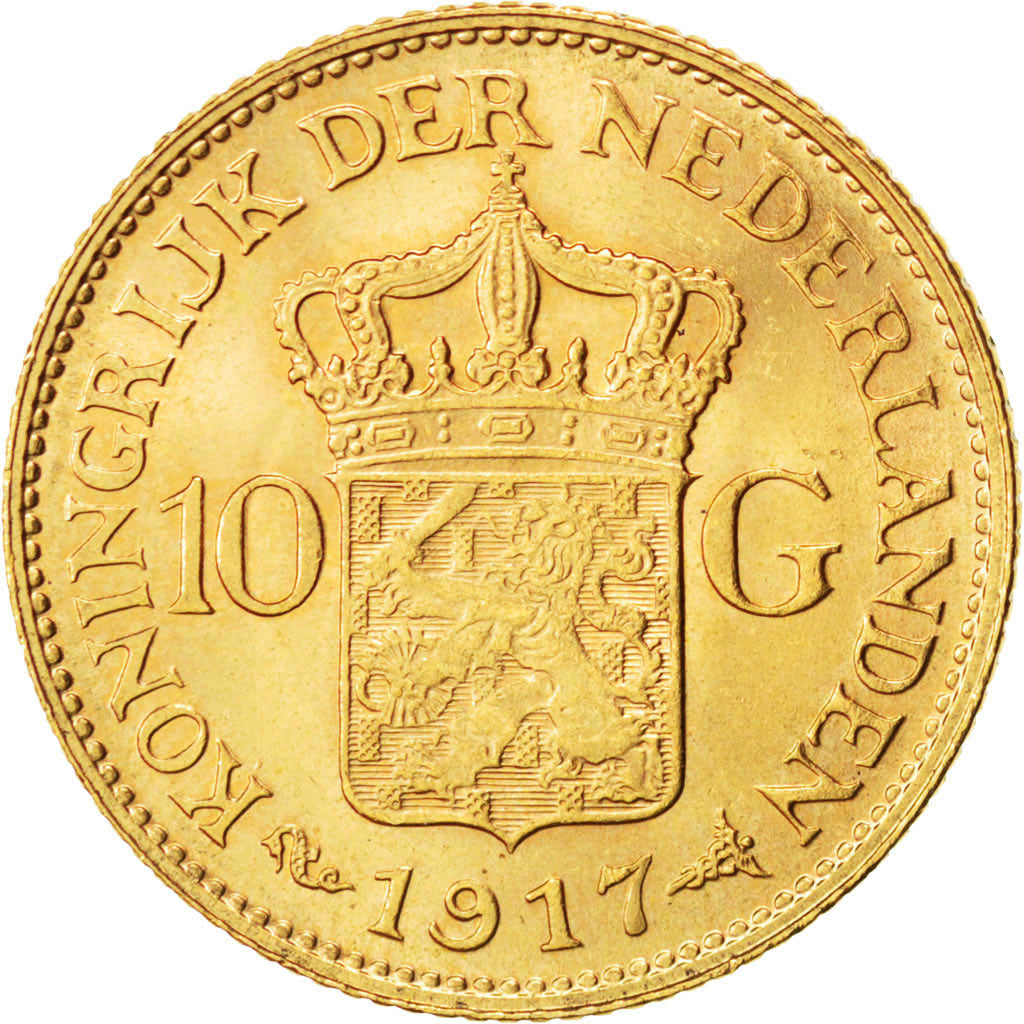 NETHERLANDS, 10 Gulden, 1917, KM #149, AU(55-58), Gold, 22.5, 6.73