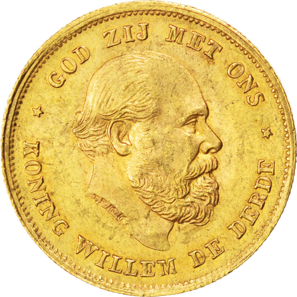 NETHERLANDS, 10 Gulden, 1875, Utrecht, KM #105, AU(55-58), Gold, 22.5, 6.75