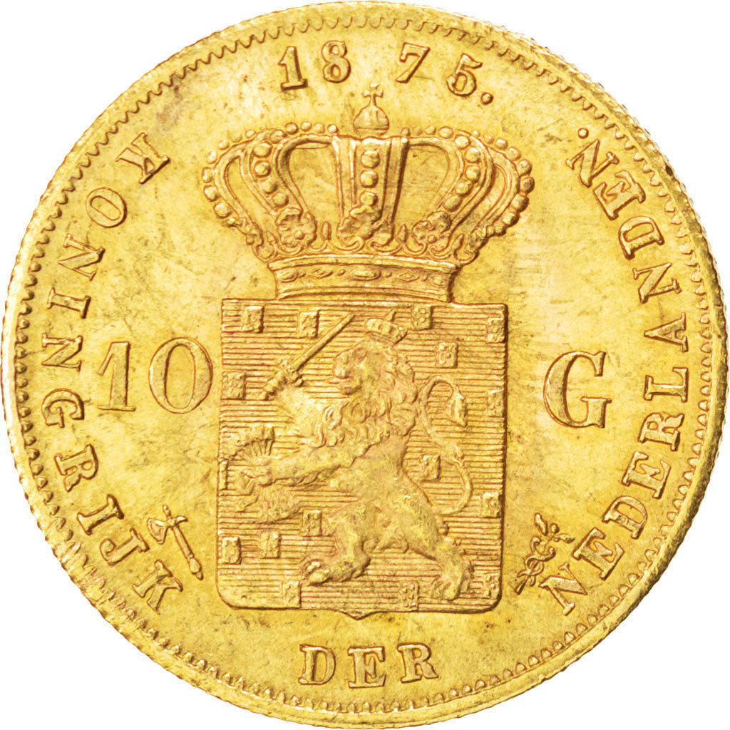 NETHERLANDS, 10 Gulden, 1875, Utrecht, KM #105, AU(55-58), Gold, 22.5, 6.75