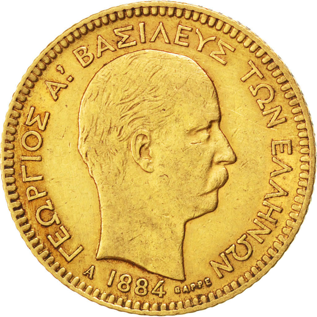 GREECE, 20 Drachmai, 1884, Paris, KM #56, EF(40-45), Gold, 6.44