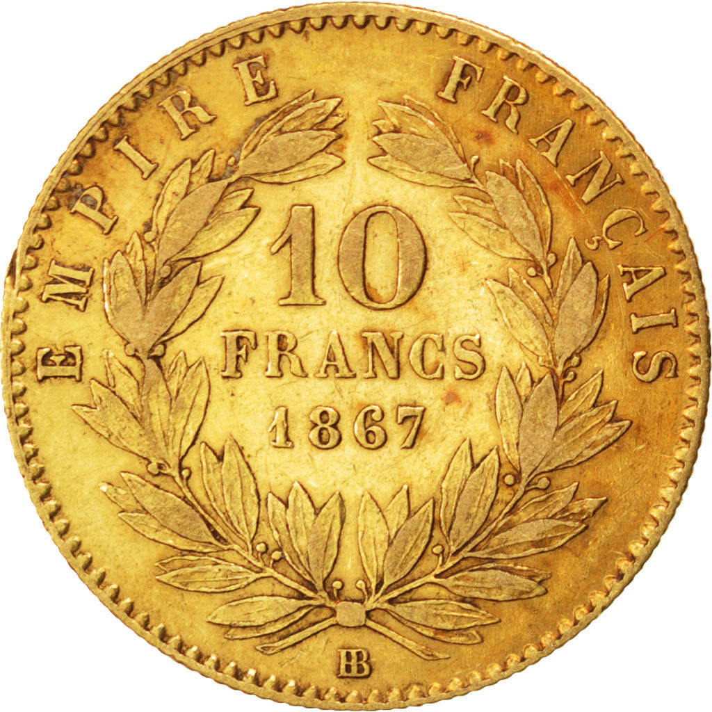 FRANCE, Napoléon III, 10 Francs, 1867, Strasbourg, KM #800.2, EF(40-45), Gold, G