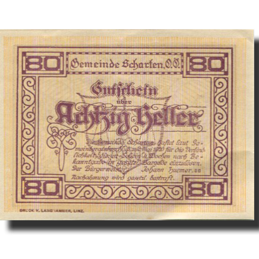 Banknot, Austria, Scharten, 80 Heller, château, Undated, Undated, UNC(63)
