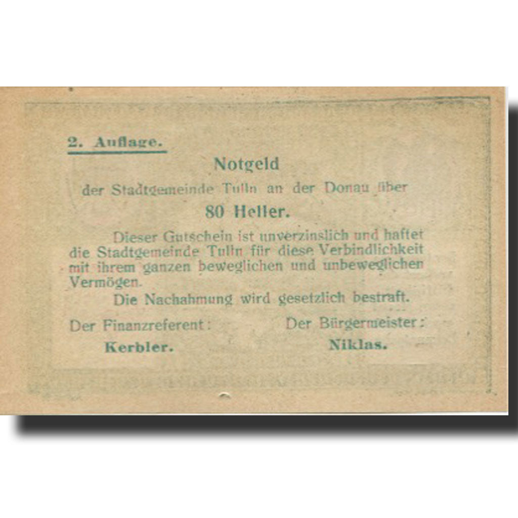 Billet, Autriche, Tulln an der Donau, 80 Heller, château, SPL, Mehl:FS 1083IIa