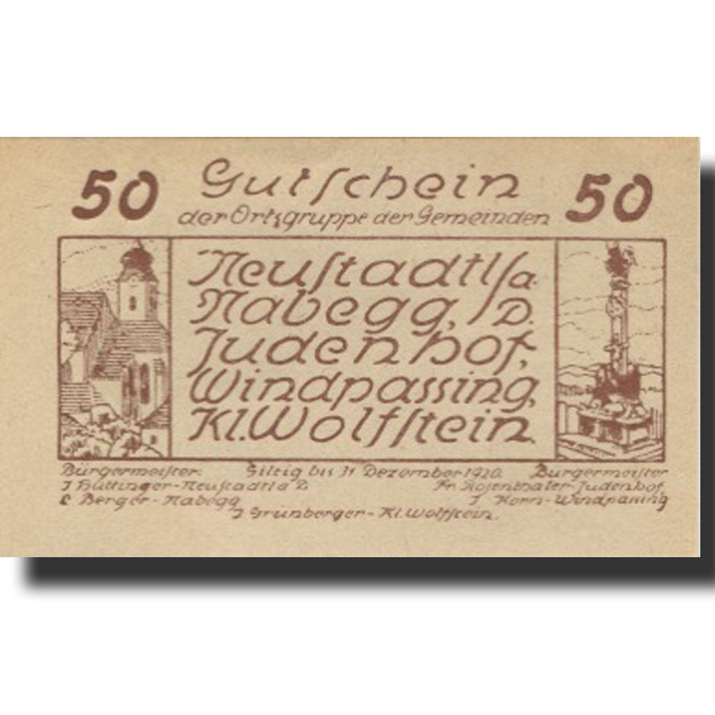 Banknote, Austria, Neustadt, 50 Heller, Monument, 1920, UNC(63) Mehl:FS 665b