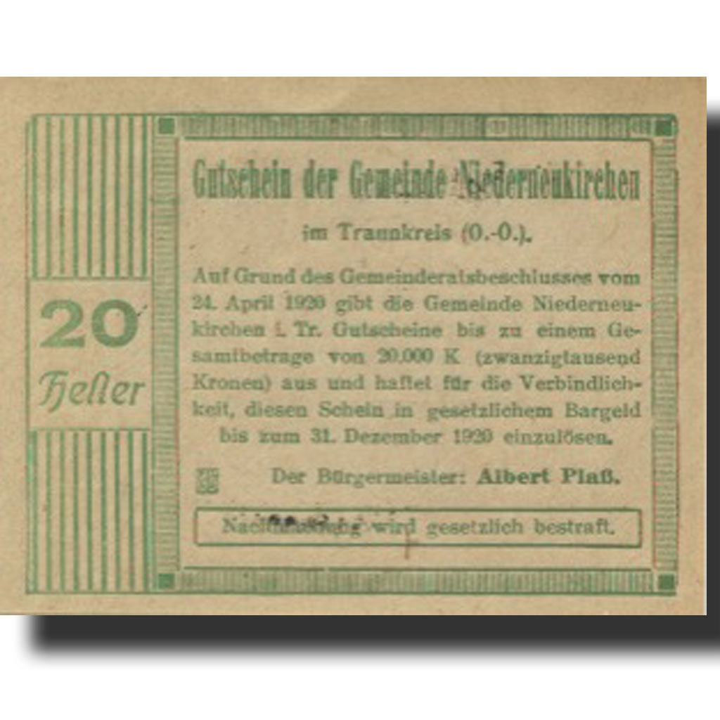 Banknote, Austria, Niederneukirchen, 20 Heller, Eglise 1920 UNC(63) Mehl:FS 670a
