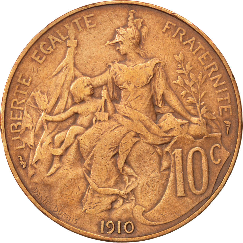 FRANCE, Dupuis, 10 Centimes, 1910, Paris, KM #843, EF(40-45), Bronze, 30,...