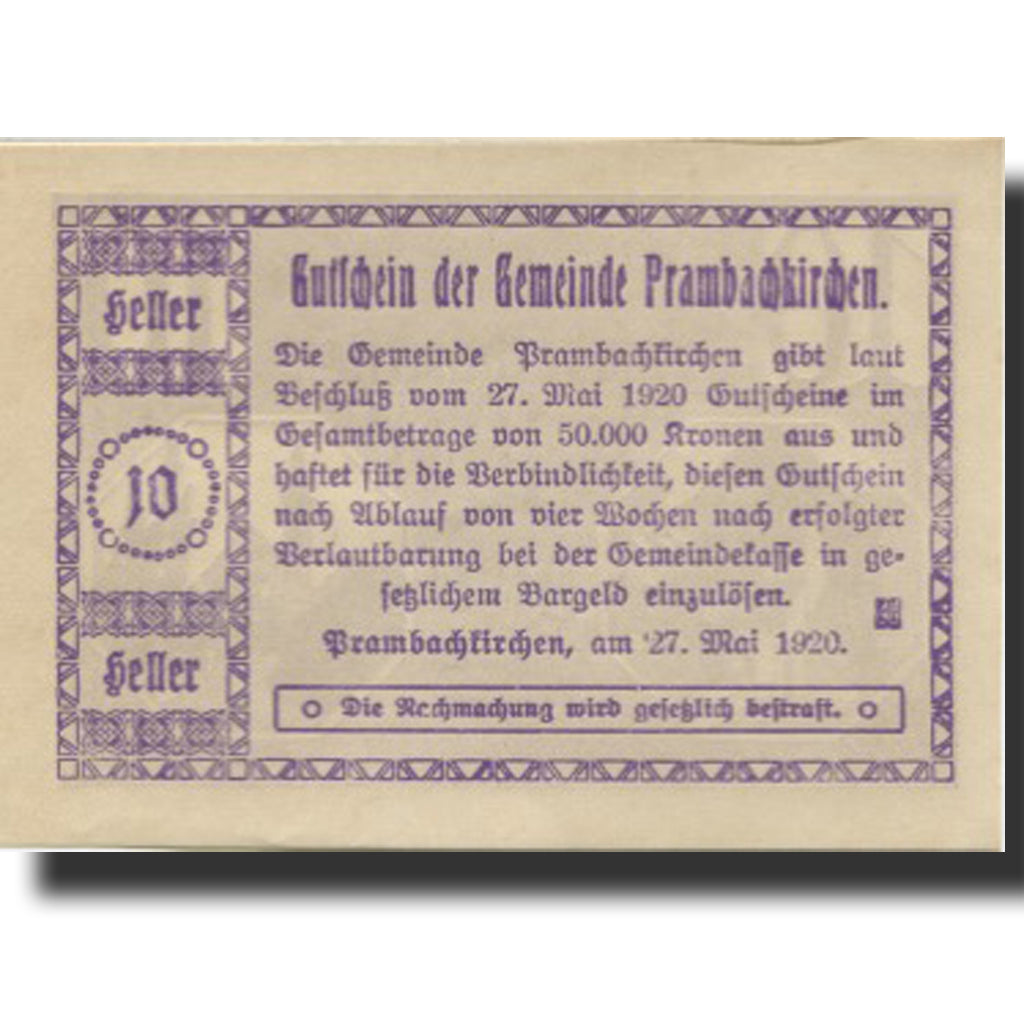 Banknote, Austria, Prambachkirchen, 10 Heller, village, UNC(63), Mehl:FS 779a