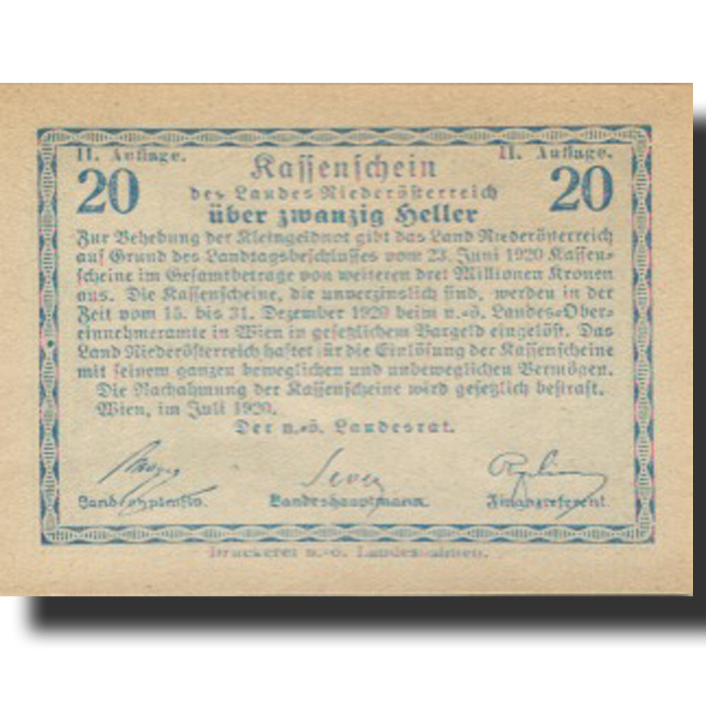 Biljet, Oostenrijk, Niederösterreich, 20 Heller, route, 1920 SPL Mehl:FS 671IIa