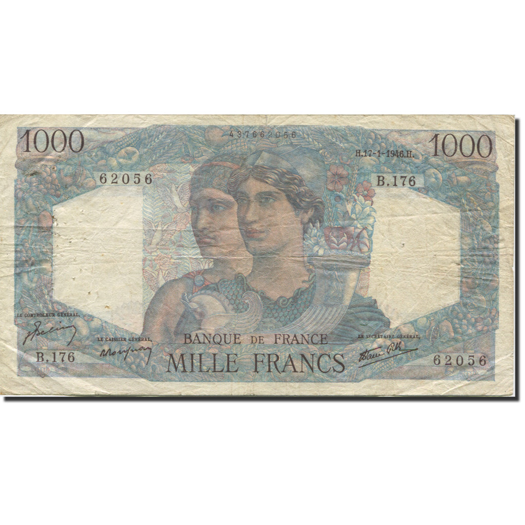 France, 1000 Francs, Minerve et Hercule, 1945, 1946-01-17, VF(20-25)