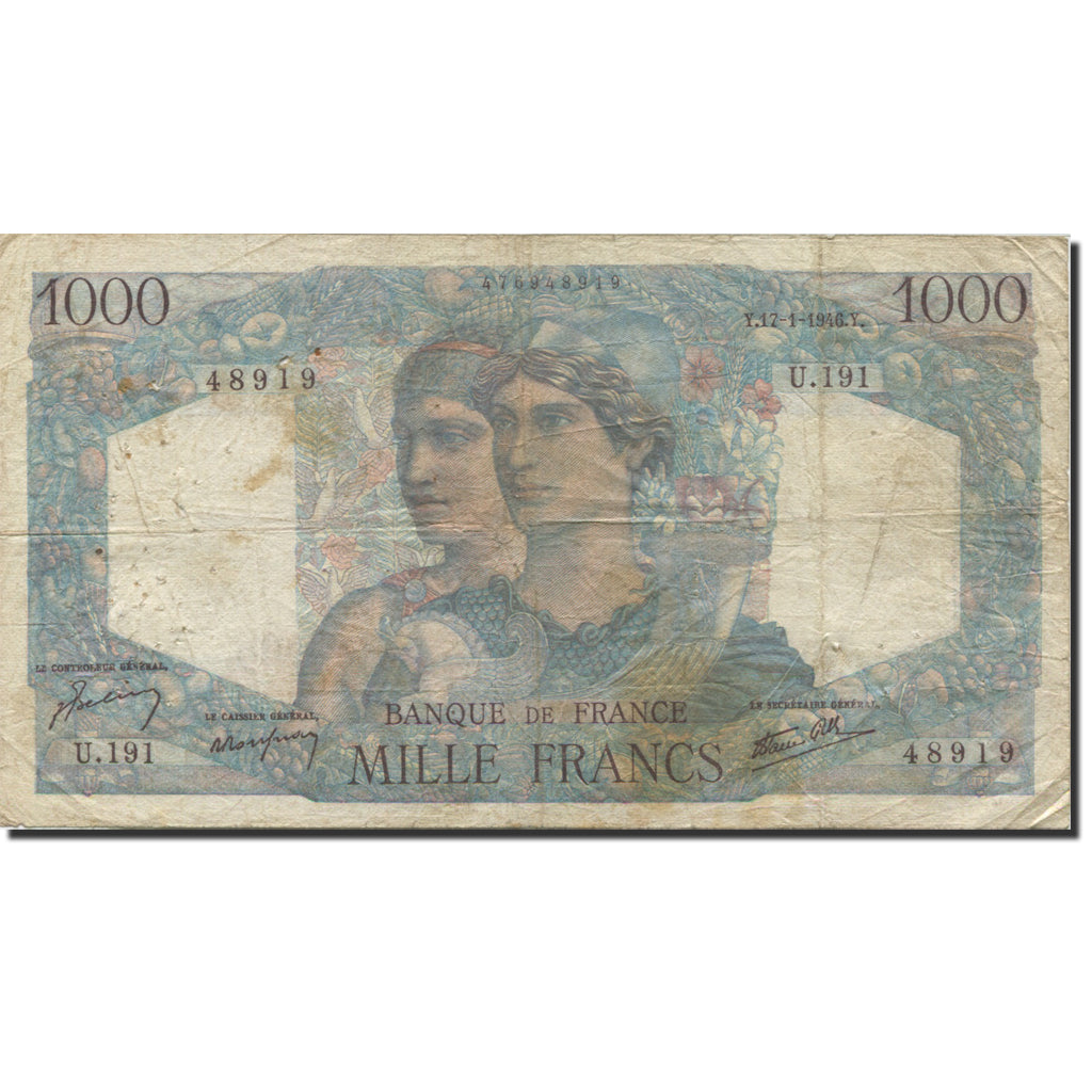 France, 1000 Francs, Minerve et Hercule, 1945, 1946-01-17, B+, Fayette:41.10