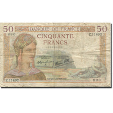 França, 50 Francs, Cérès, 1935, 1939-12-21, VG(8-10), Fayette:18.36, KM:85b
