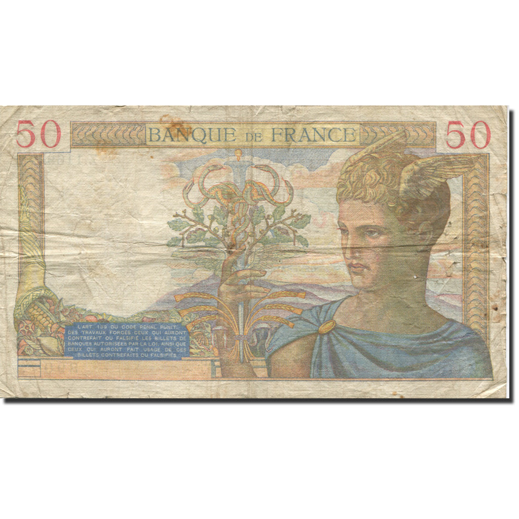 França, 50 Francs, Cérès, 1935, 1939-12-21, VG(8-10), Fayette:18.36, KM:85b