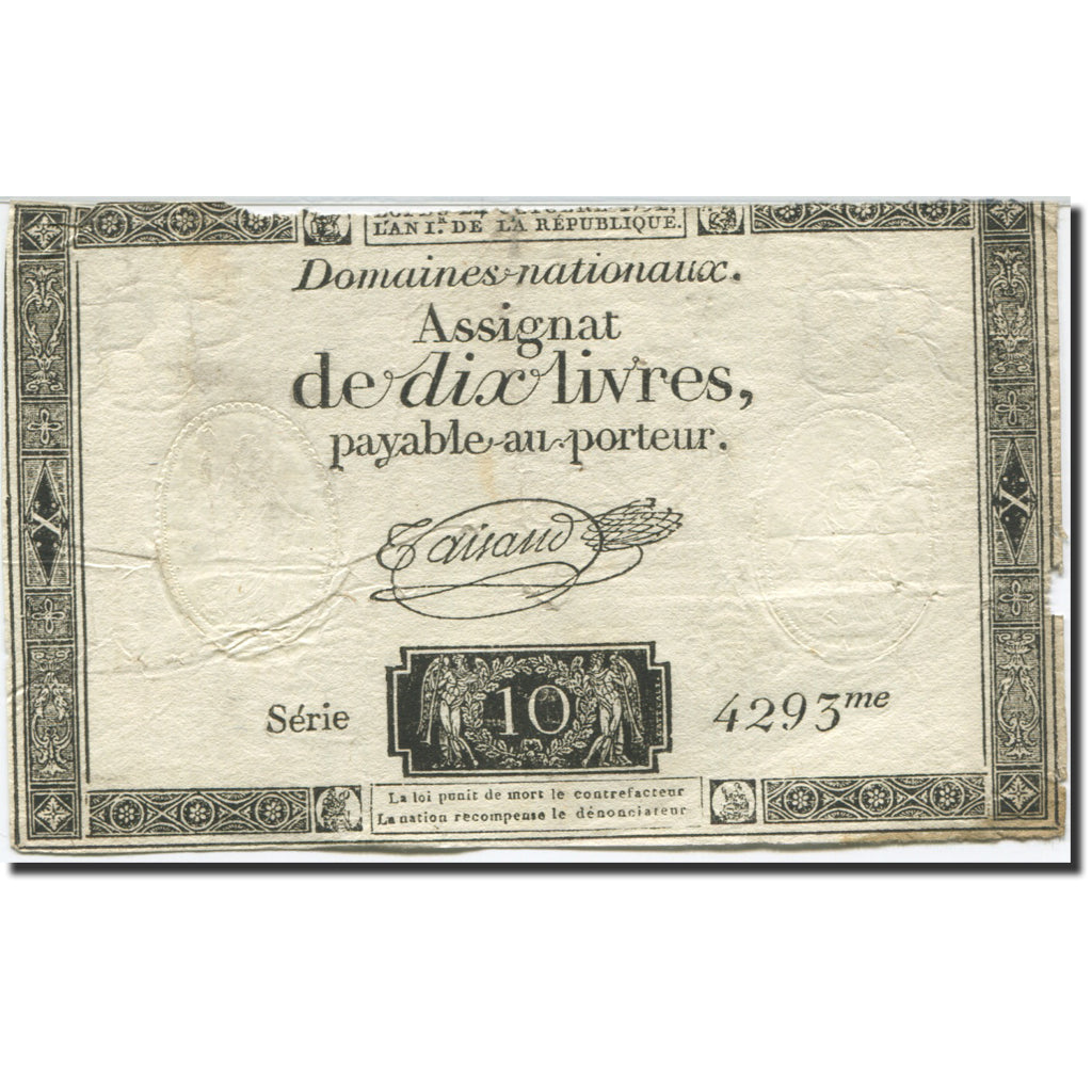 França, 10 Livres, 1792, Taisaud, 1792-10-24, VF(20-25), KM:A66b