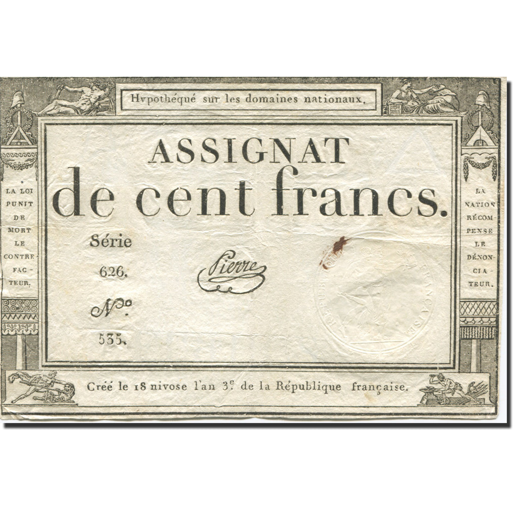 France, 100 Francs, 1795, PIERRE, 1795-01-07, TB, KM:A78