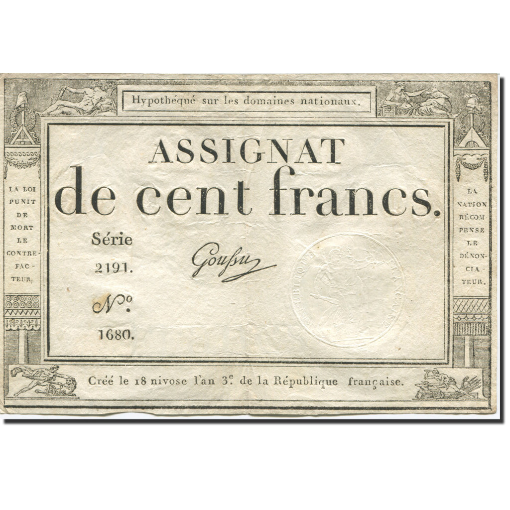 France, 100 Francs, 1795, Goussu, 1795-01-07, VF(20-25), KM:A78