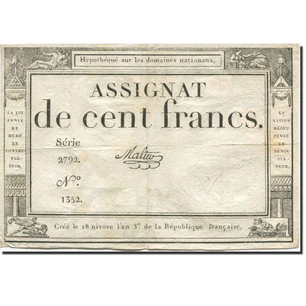 France, 100 Francs, 1795, Malter, 1795-01-07, VF(20-25), KM:A78