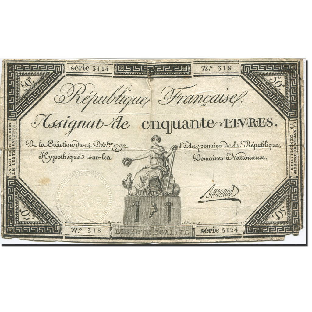France, 50 Livres, 1792, Barraud, 1792-12-14, B+, KM:A72