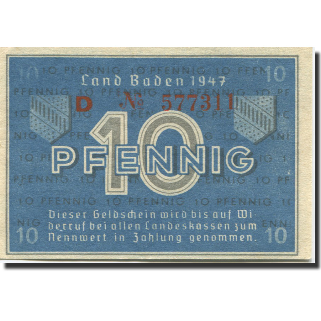Billet, Allemagne, Baden, 10 Pfennig, 1947, KM:S1002a, SPL+