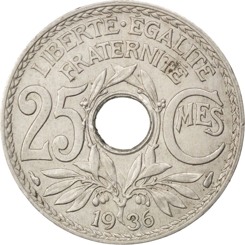 FRANCE, Lindauer, 25 Centimes, 1936, KM #867a, AU(50-53), Copper-Nickel, 24,...
