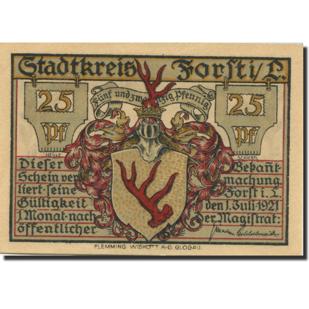 Banconote, Germania, Forst, 25 Pfennig, Blason 1921-07-01, SPL Mehl:371.1