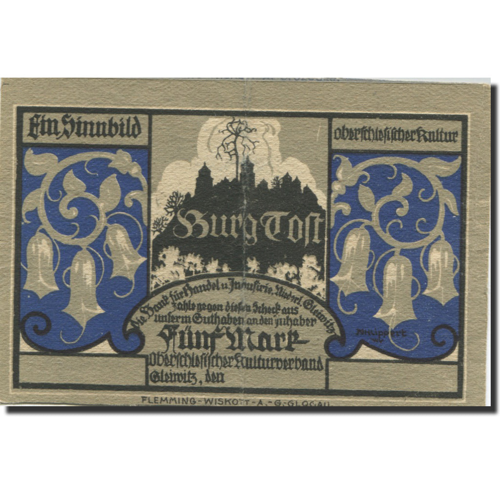 Banknote, Germany, Gleiwitz, 5 Mark, Eglise, 1922, EF(40-45), Mehl:437.1a
