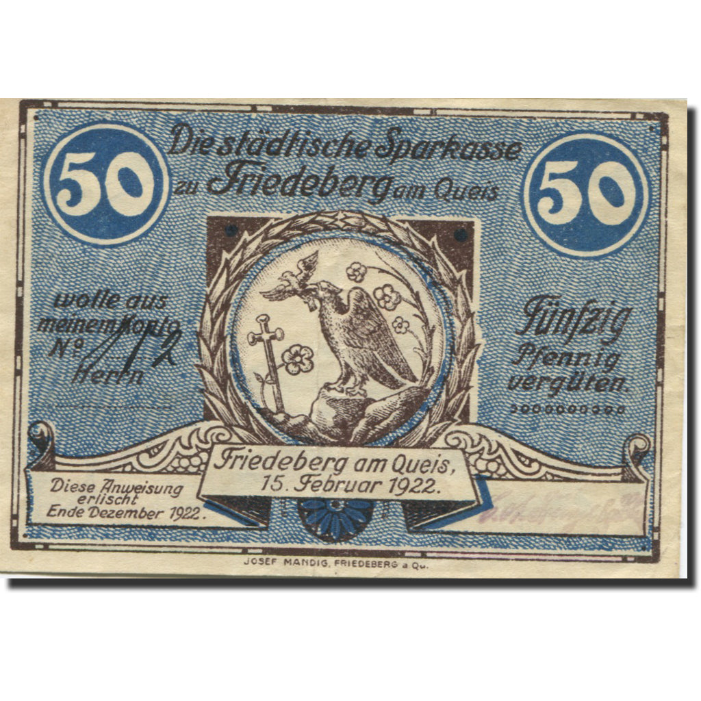 Banknote, Germany, Friedeberg, 50 Pfennig, aigle, 1922 AU(55-58) Mehl:612.1