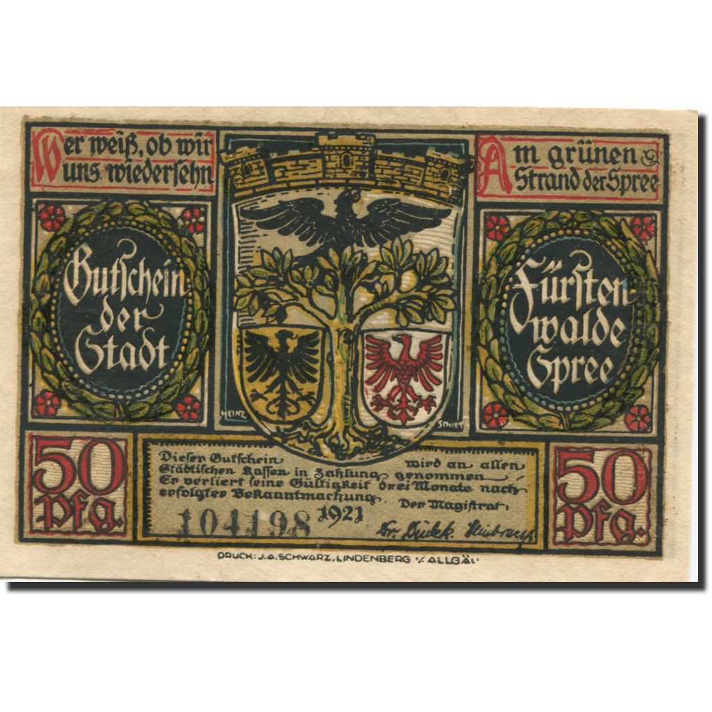 Banknote, Germany, Fürstenwalde, 50 Pfennig, Blason, 1921, UNC(63), Mehl:403.1