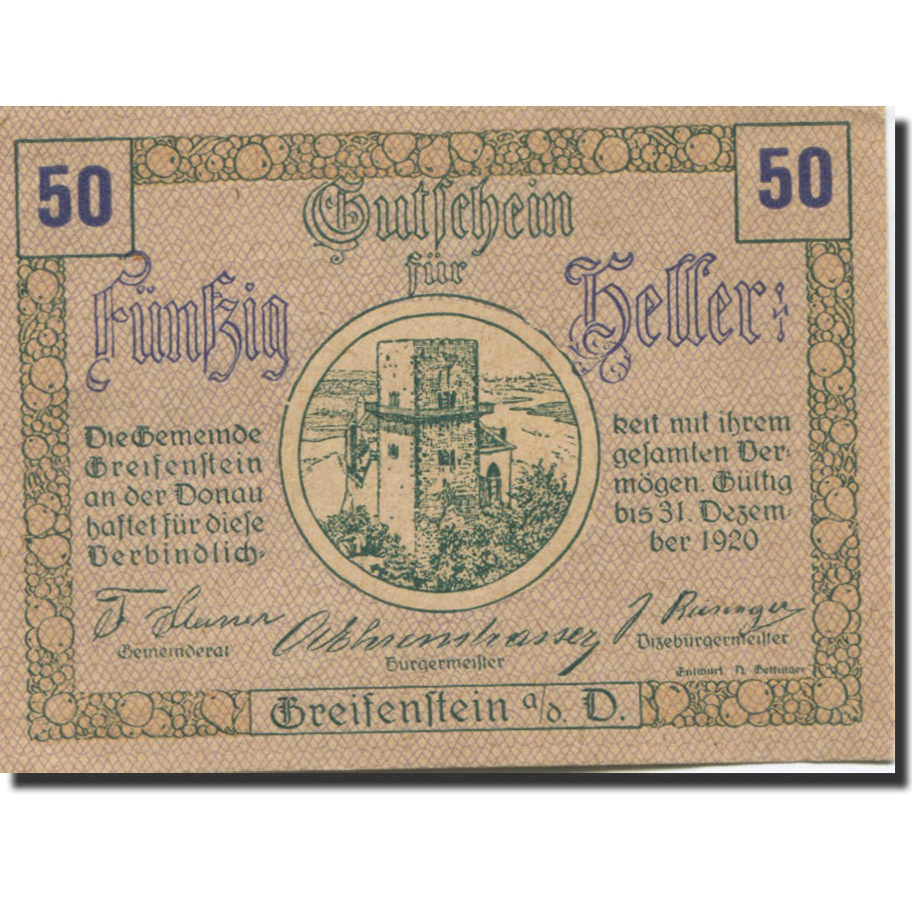 Banknote, Austria, Greifenstein, 50 Heller, château, 1920 UNC(63) Mehl:FS 818I